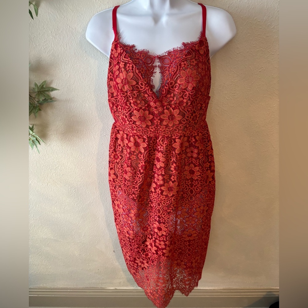 For Love‎ & Lemons Coral Red GIANNA Dress Rosemary Lace
